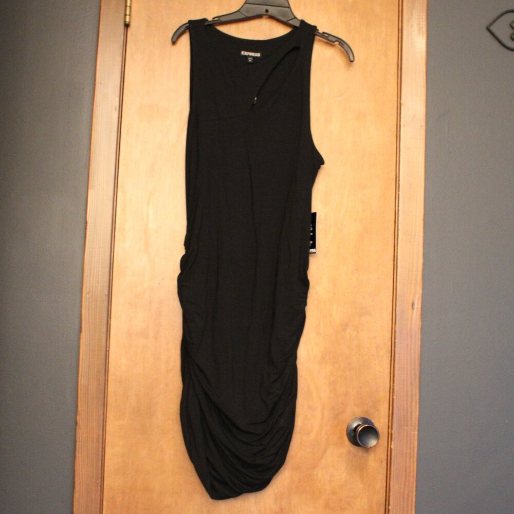 Express Black Ruched Bodycon Dress Asymmetrical Neckline Size L NWT